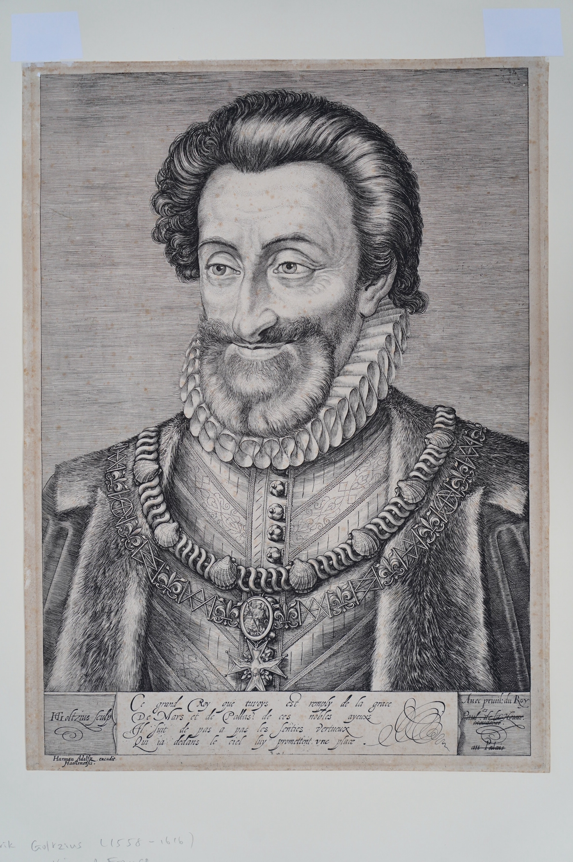 Hendrick Goltzius (German/Dutch, 1558–1617), Portrait of Henry IV, King of France, original engraving, 1595–98, 34.7 x 24.9cm